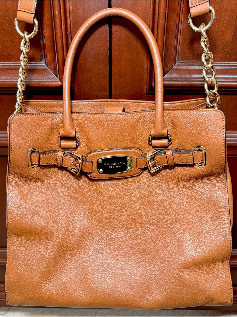 Michael Kors Hamilton Large Leather Tote Satchel Bag- Brown